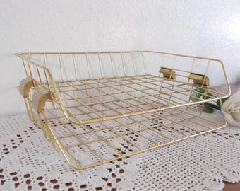 Gold Metal Wire Desk Tray In Out Paper Organizer Industrial Office Table Storage Hollywood Regency High Fashion Paris Office Glamorous File
