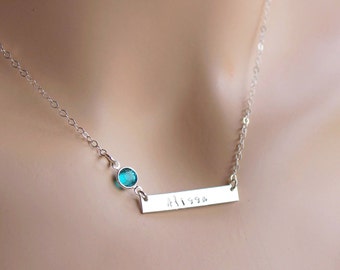 sterling silver bar name necklace, silver bar birthstone necklace, name birthstone necklace, bar necklace, sterling silver bar necklace