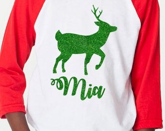 Personalized Glitter Reindeer Raglan, Matching Family Christmas Shirts, Christmas Pajamas - Toddler, Youth & ADULT sizes
