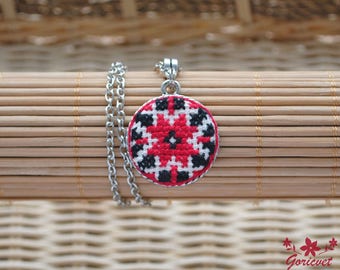 Ukrainian folk art red black ethnic jewelry pendant necklace embroidered jewelry ukrainian art symbol necklace womens gift girlfriend gift