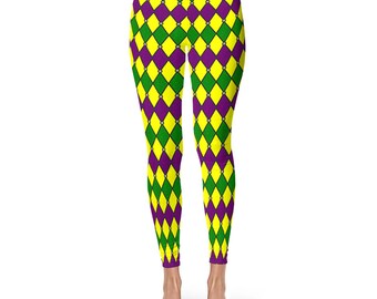 Mardi Gras Costumes - Jester Leggings Tights in Purple, Green and Gold Harlequin Pattern