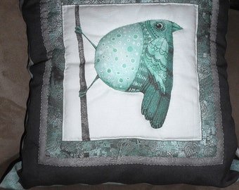 Whimsical Bird Pillow, Hand Quilted Decorative Pillow, Vertical Bird Quilted Pillow (1)