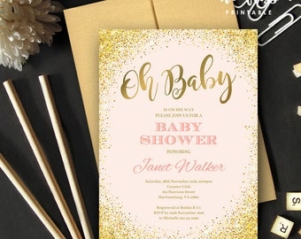 Pink and Gold Baby Shower Invitation | 5x7 | Editable PDF | Instant Download | Personalize with Adobe Reader