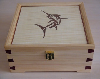 Music watch box, jewellery box, treasure box with Swordfish and Music Note marquetry inlays, handcrafted box with selected tune from list