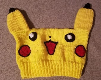 Hand Knit Pikachu Pokemon Hat: Ships Immediately!