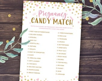 Pink and Gold Baby Shower Games Printable, Pregnancy How Sweet It Is Candy Match Game, Instant Download, Hearts, Glitter, DIY Activity PDF