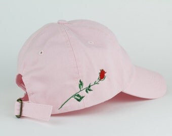 Rose Hat - Pink Script Embroidered Dad Hat - Side Design - Polo Hat - Curved Brim Six Panel Fabric Strap Hat - Brand New