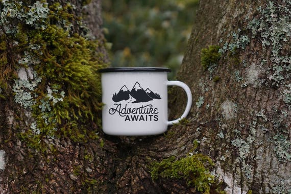 Mountain Camping Mug Enamel Mug Adventure Awaits Hiking