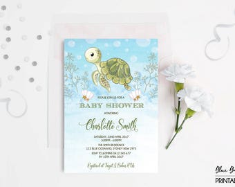 Sea Turtle Baby Shower Invitation. Under Sea Invite. Ocean Invitation. Beach Pool Party. Whimsical Baby Boy Shower. Little Hatchling. TUR1