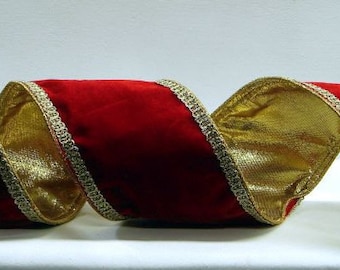 4 Inch Red Velvet Christmas Ribbon with Gold Wired Trim & Gold Back ~ Farrisilk Supreme, High Quality, Plush Velvet Christmas Ribbon