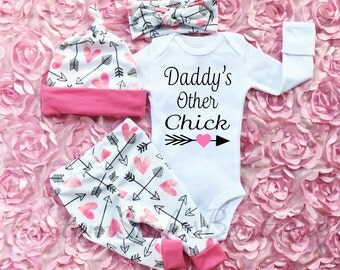 Baby Girl Coming Home Outfit, Daddy's Other Chick, Hearts And Arrow Pattern Leggings, Hat and Headband, Baby Girls Valentine's Day Outfit