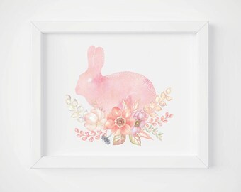 Watercolor Rabbit Nursery Art 8x10 5x7 Instant Download, Girl Nursery Decor, Baby Decor, Pink Nursery Art, Printable Digital Download