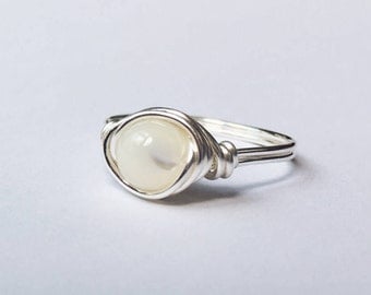 Moonstone Ring, Sterling silver ring, Wire wrapped ring, Crystal ring, White stone ring, Gemstone ring, Silver ring, Natural stone, Gift