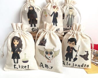 Personalized Harry Potter Goodie Bag - Party Favor Drawstring Bag Cotton Pouch. Witchcraft, Castle, Hermione, Owl, School of Wizards, Magic