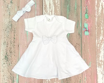 Infant White Dress, Simple Baptism Dress, Baby Wedding Dress, Christening Gown, Baptism Outfit Girl, Baby Dress w/ Bow, Casual Baby Clothes