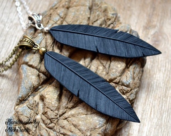 Black necklace Black jewelry Feather necklace Feather jewelry Raven necklace Raven jewelry Gothic necklace Gothic jewelry Polymer clay .bha