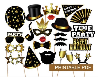 PRINTABLE PDF Birthday Photo Booth Props - PDF file - Black and Gold - Birthday party - Mustaches, Lips, Glasses - Instant Download -