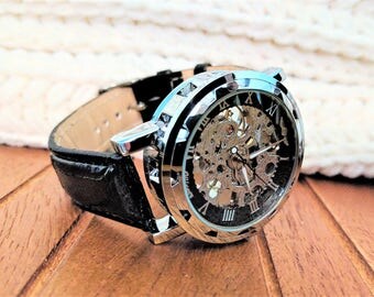 Mechanical watch, man leather watch, steampunk watch movement, mens automatic watch, engraved watch,personalized watch, skeleton watch gear