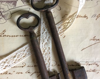 Two skeleton keys, antique keys, rusty skeleton keys, old Italian keys, iron skeleton keys, old vintage keys