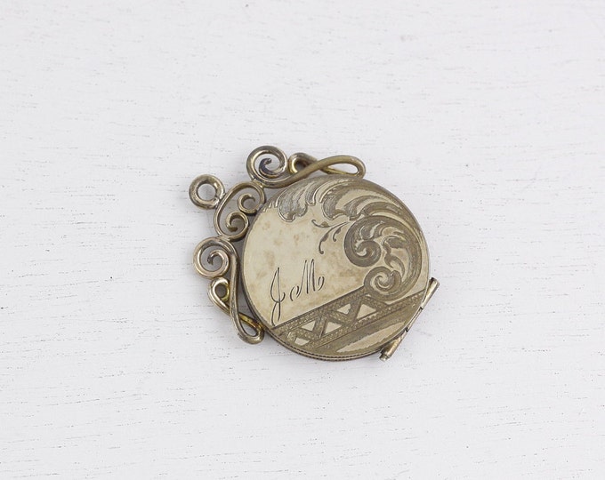 Antique locket pendant, gold toned pill box locket, engraved and initialed J.M., vintage jewelry stash pendant, small photographic locket