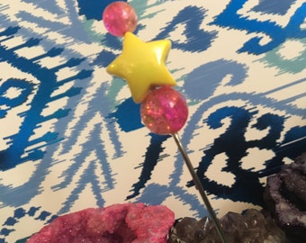 Unicorn Universe Pink and Yellow Star Beaded Pipe Poker, Cleaner, Dab Tool, Smoke Accessory, Hair Pin, Hat Pin, Plant Stake, Crystal Pipe