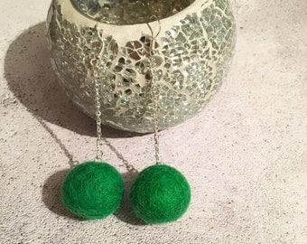 Green Pom Pom Earrings, Fluffy Earrings, Drop Earrings, Filz, Felt Balls, Girly Stuff, Gift for her, Evening Wear, Woolie Balls, Quirky Gift