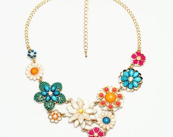 Chunky Colorful Flower Bib Statement Necklace