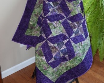 Lap Quilt, Throw Quilt, Batik, Purple & Green Quilt, Floral Quilt, Handmade