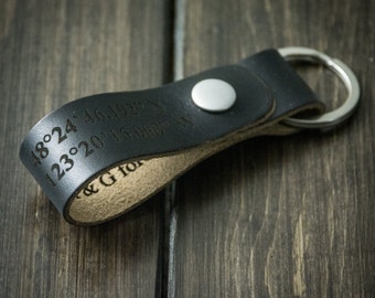 Latitude Longitude Keychain, Personalized Keychain, GPS Coordinates, Leather Key Chain, Custom Coordinates Keychain - Black