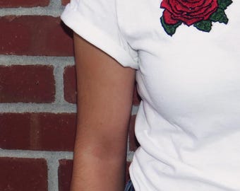 rose embroidered t shirt | rose shirt, hand embroidery, women's fashion, style, red rose