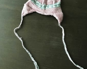 Pink and Gray Knitted Cap with Ear Flaps