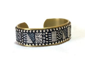 Mosaic Brass Cuff Bracelet with black and white polymer clay inlay, Sterling Silver beads graphic patterns