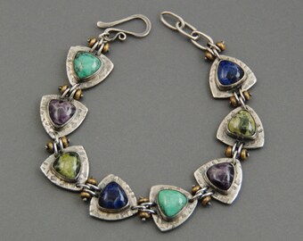 Sterling silver and Gemstone Bracelet, Amethyst, Turquoise, Sodalite, Serpentine, metalsmith, statement bracelet