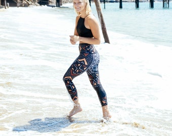 Mudcloth Printed Leggings, Geometric Mud Cloth Print Boho Yoga Leggings, Made in Canada, Printed Yoga Pants, Workout Clothing, NorwegianWood