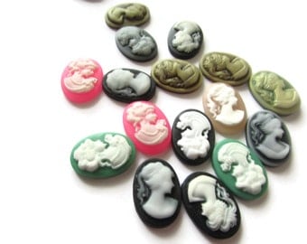 10 18x13mm Mixed Color Cameo Cabochons Woman's Face Cameo Cabs 18mm x 13mm Victorian Cameo Greek Cameo Art Nouveau Cameo Flat Back Cabochons