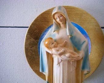 1938 Art Deco Madonna and Child Plaster Religious Statue