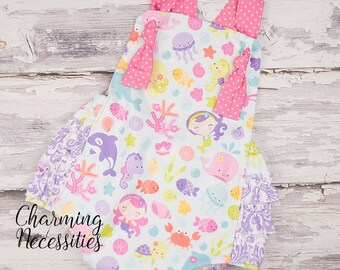 NEW Baby Girl Clothes, Toddler Clothes, Sunsuit Bubble Romper with Ruffles Spring Summer Mermaid Under the Sea Ocean, Charming Necessities