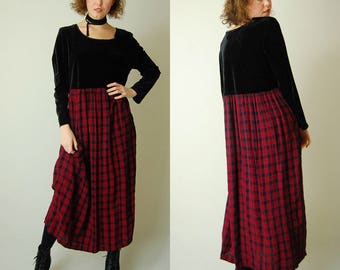 Plaid Grunge Dress Vintage Black + Red Velvet Plaid Empire Slouchy Grunge Maxi Dress (s m l)