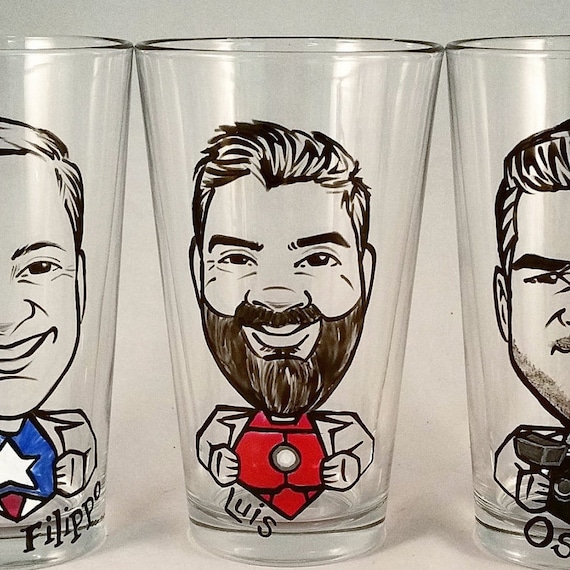 Valentine's Day - Gift For Him - Groomsmen Gifts Caricature Pint Glass- Beer Glass -Super Hero - Personalized - Gift For Him