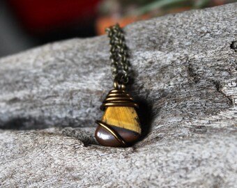 Tigers Eye Jewelry - Wicca Necklace - Wiccan Jewelry - Natural Tigers Eye Necklace - Wire Wrapped Stone Necklace - Polished Gemstone Jewelry