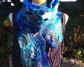 Felted wool skinny scarf blue turquoise lacy cobweb - super long fiber art to wear lagenlook