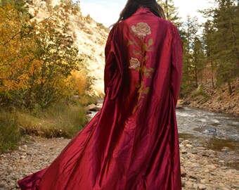 Vintage 50s Rose Flower Kimono Duster Jacket Burgundy Red