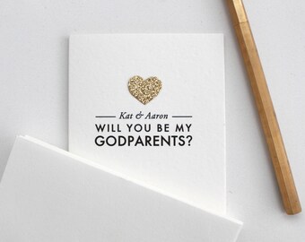 CUSTOM Godparents card with gold glittered heart appilque - "(name/s) will you be my godparents?" / godparents card / custom godparents card