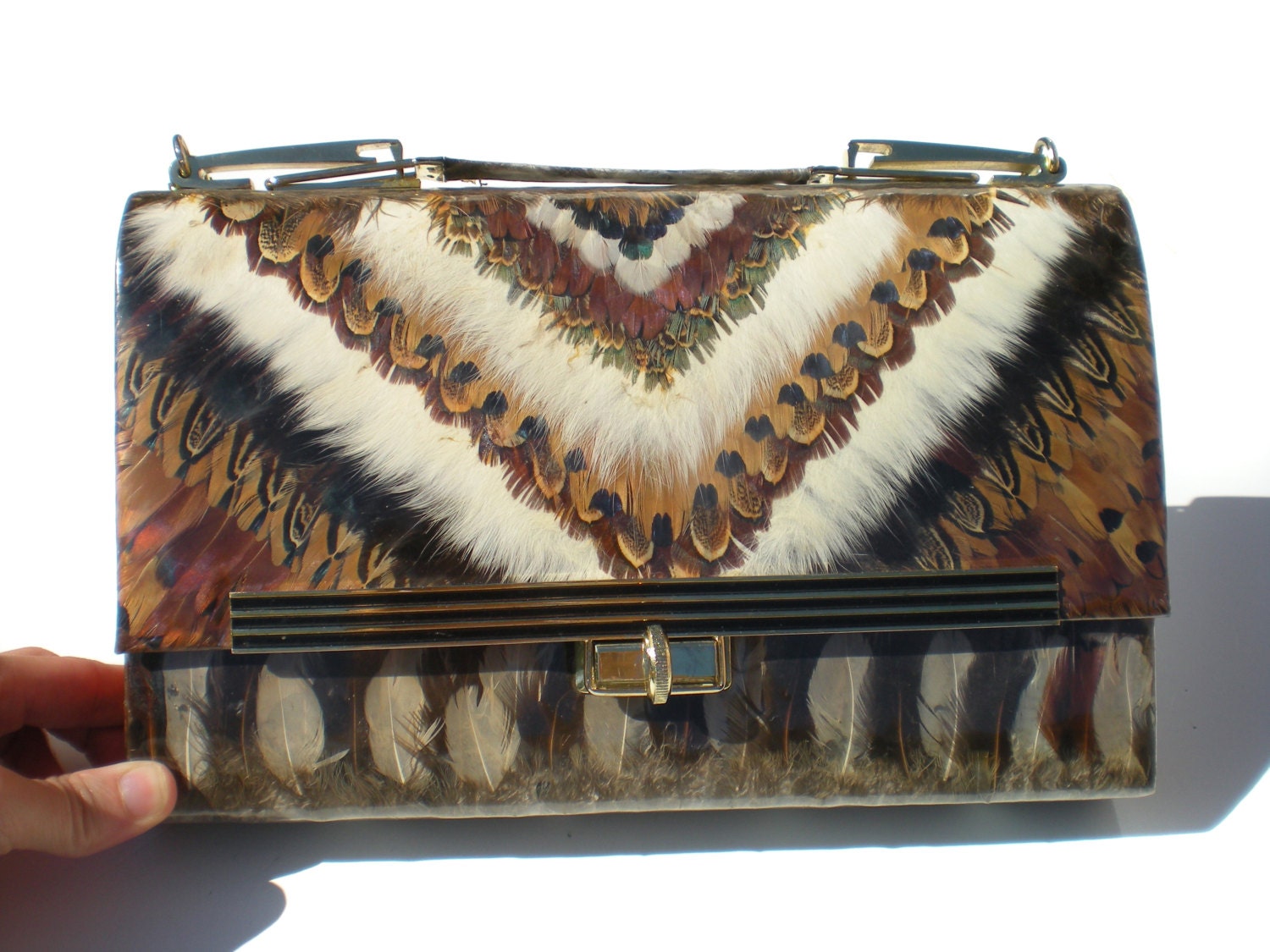 60s Vintage Pheasant Feather Handbag Purse Long Shoulder Strap