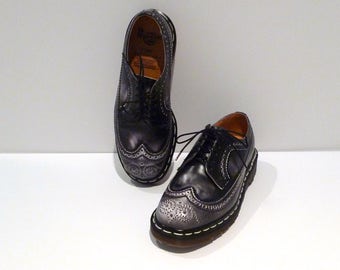 Dr Martens Oxfords Vintage Black with Antiqued White Wingtip Lace Ups Size 6 UK 8 US Made in England Black Greasy 5 Eye Shoe Grunge Punk