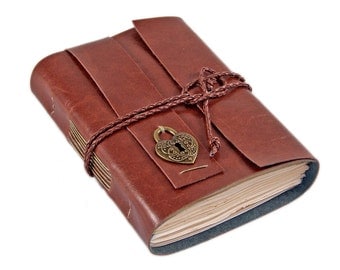 Light Brown Vegan Faux Leather Journal with Tea Stained Paper and heart charm, ready to ship
