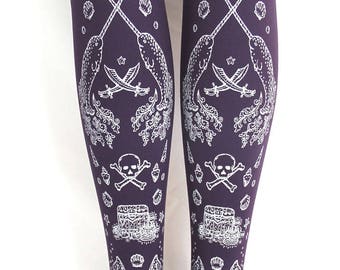 Pirate Narwhal Print Tights Silver on Purple Medium Large Tall Aubergine Steampunk