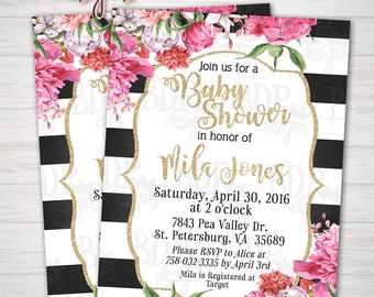 FLORAL Pink Peony Chalkboard Black and White Stripes Baby Shower Invitation Kate Spade-Customized Digital Download OR Prints(Details Below)