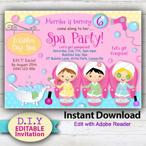 EDITABLE Day Spa Invitation Printable Spa Invite Birthday
