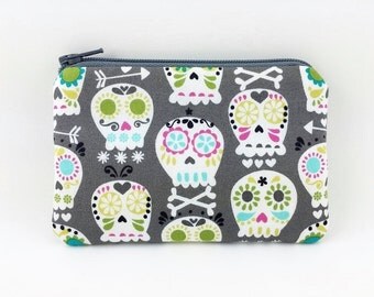 Sugar Skulls, Coin Purse, Mini Pouch, Change Purse, Padded Pouch, Gift for her, Card Wallet, Gray, Gift idea